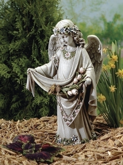 16.5"H ANGEL W/BIRDS ON DRESS GARDEN STATUE