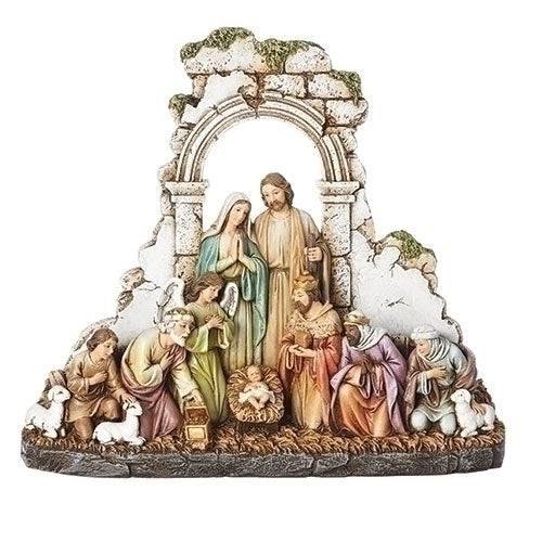 Kneeling Nativity Figure, Includes Holy Family, Angel, Three Kings, Shepherds, Sheep, Stone Wall, 8.5"