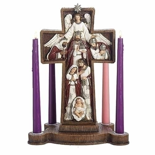 13.5"H CROSS ADVENT CANDLE HOLDER; BURGUNDY; JOSEPH'S ST