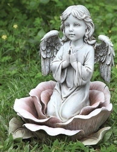 11"H ANGEL KNEELING IN ROSE GARDEN STATUE