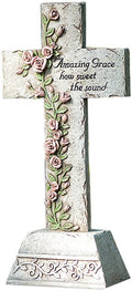 Tall Cross Statue with Vine of Roses Inscribed with The Verse Amazing Grace How Sweet The Sound, 14-Inch