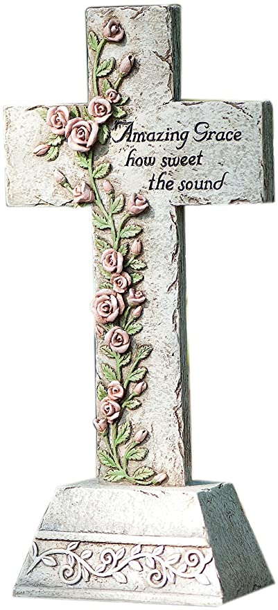 Tall Cross Statue with Vine of Roses Inscribed with The Verse Amazing Grace How Sweet The Sound, 14-Inch