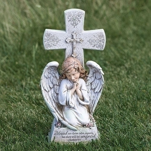 14.5"H ANGEL W/CROSS GARDEN STATUE