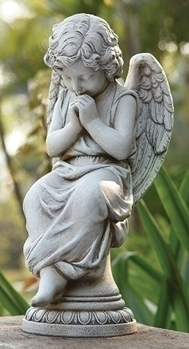 7"H SEATED ANGEL ON PEDESTAL GARDEN STATUE