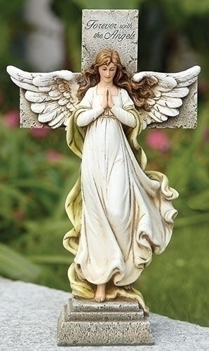 MEMORIAL ANGEL WITH CROSS, Garden Collection, Religious Statue, Holy Family, Memorial, Angel, Patron Saint, Garden Décor (3x7x12)