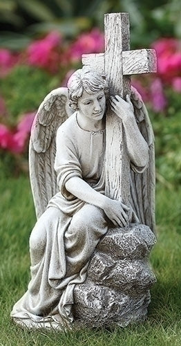 Memorial Angel with Cross, Garden Collection, Religious Statue, Holy Family, Memorial, Angel, Patron Saint, Garden Décor (13x6x5)