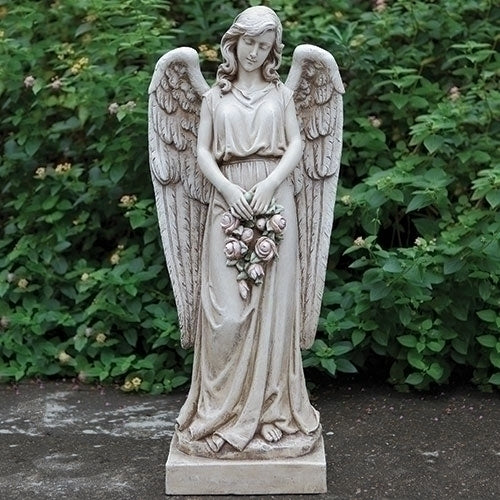 36"H ANGEL HOLDING ROSE WREATH GARDEN STATUE