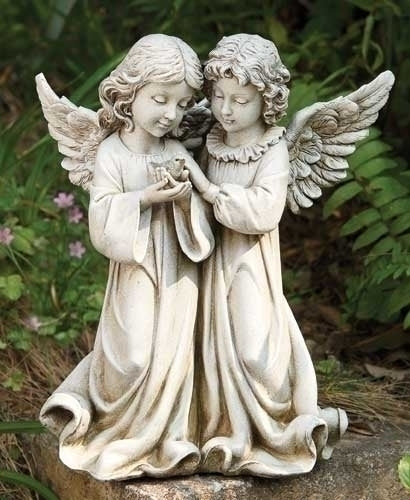 12.25"H ANGELS W/BIRD GARDEN STATUE