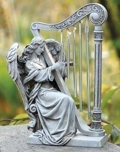 Angel with Windchime HARP, Garden Collection, Religious Statue, Holy Family, Memorial, Angel, Patron Saint, Garden Décor (10x7x4)