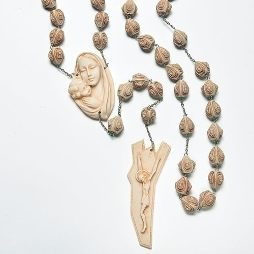Virgin Mary and Jesus Carved Beads Design 65 Inch Alabasterite Decorative Wall Rosary